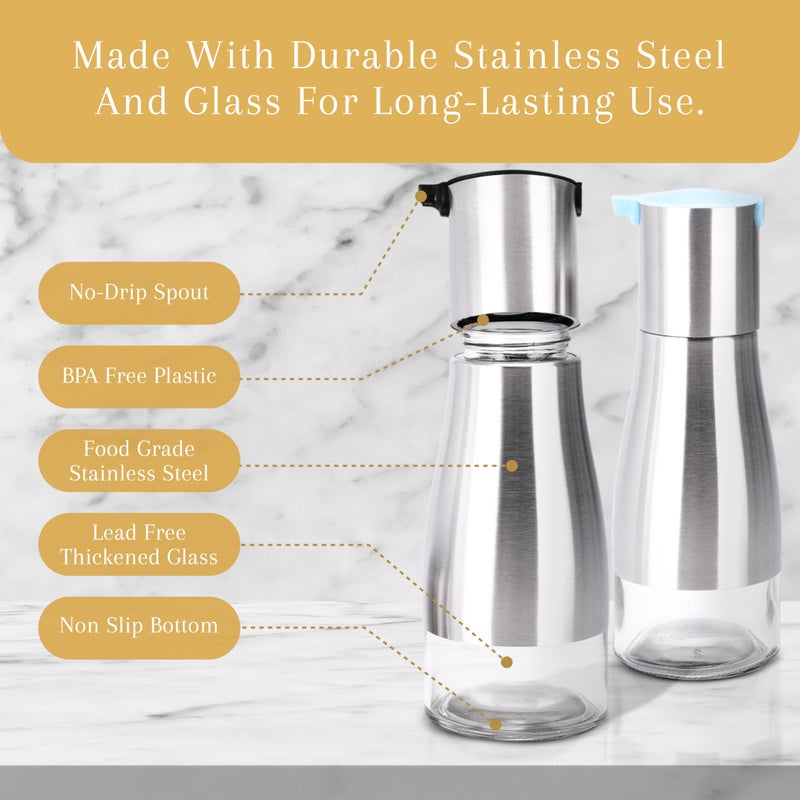 2 Lb. Depot 2LB Depot Oil and Vinegar Dispenser Set - Brushed Steel & Glass Containers with Anti-Drip Spout Lid - Easy-Clean - Olive Oil Dispenser Bottle - Minimalist Kitchen Accessory - 7.1"H x 2.7"L x 2.7"W - Image 5
