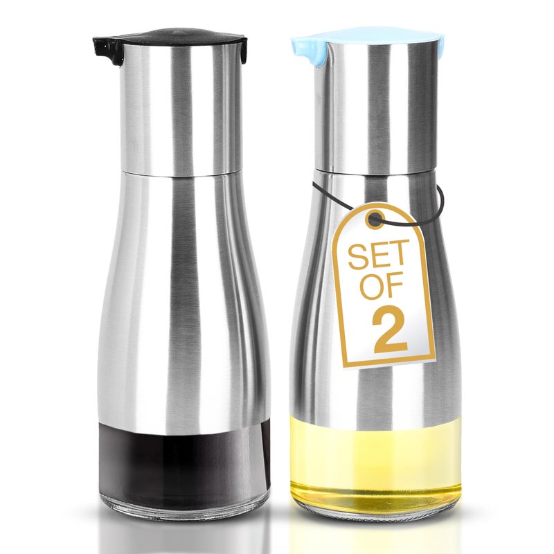2 Lb. Depot 2LB Depot Oil and Vinegar Dispenser Set - Brushed Steel & Glass Containers with Anti-Drip Spout Lid - Easy-Clean - Olive Oil Dispenser Bottle - Minimalist Kitchen Accessory - 7.1"H x 2.7"L x 2.7"W - Image 1