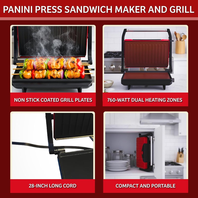 Chef Buddy Panini Press - Sandwich Maker with Nonstick Plates - Indoor Countertop Grill for Cooking Burgers, Steak, Grilled Cheese, and More (Red) - Image 5