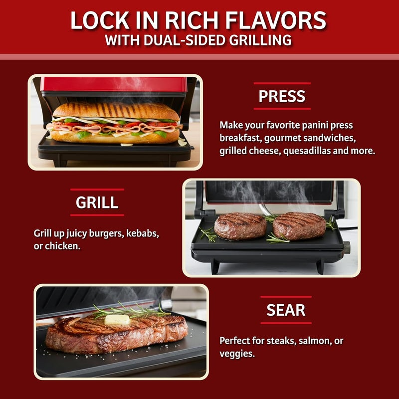 Chef Buddy Panini Press - Sandwich Maker with Nonstick Plates - Indoor Countertop Grill for Cooking Burgers, Steak, Grilled Cheese, and More (Red) - Image 4