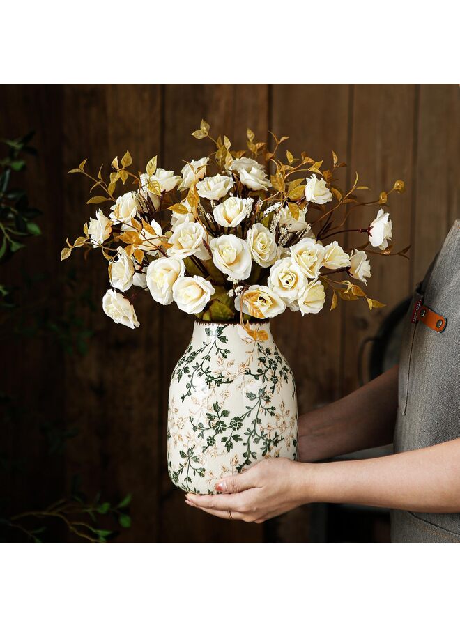 يُسلِّم مزهرية عتيقة خضراء وبيج، مزهريات سيراميك ريفية كبيرة للديكورات المنزلية، ديكور غرفة المعيشة، 7.8 بوصة - Image 3