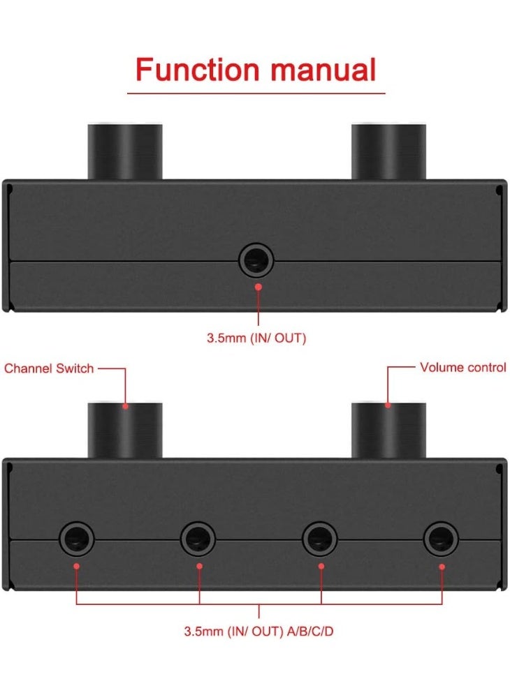4-Way 3.5mm Stereo Audio Switcher - Passive Speaker Headphone Manual Selector Splitter Box (4 In - 1 Out) - Image 3