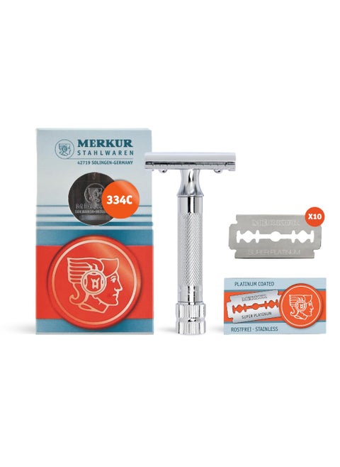 MERKUR 34C Short Handle Heavy Duty Classic Safety Razor Set with 10 Blades In A Box