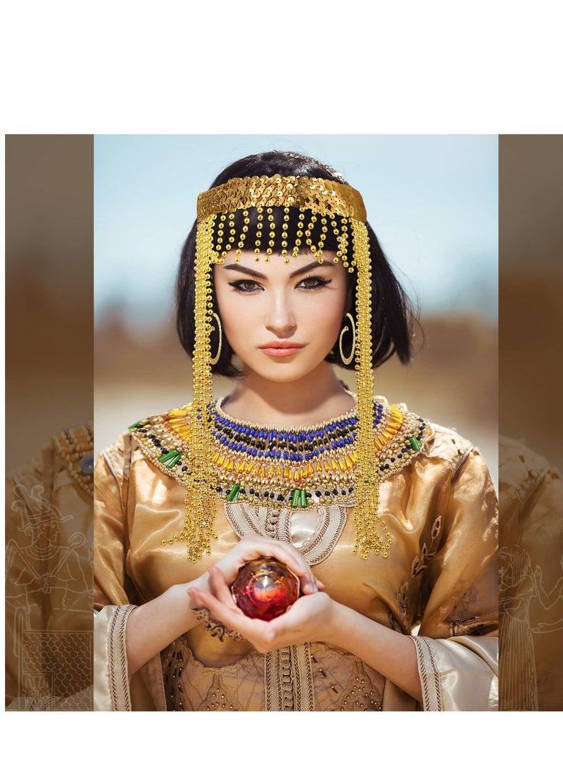 Excefore 6 Pieces Egyptian Headpiece Costume, Included Wigs Tassel Head Chain Snake Arm Cuff Golden Finger Ring Bracelet Collar Necklace, Suitable for Cosplay Party Women Costume  - Image 5