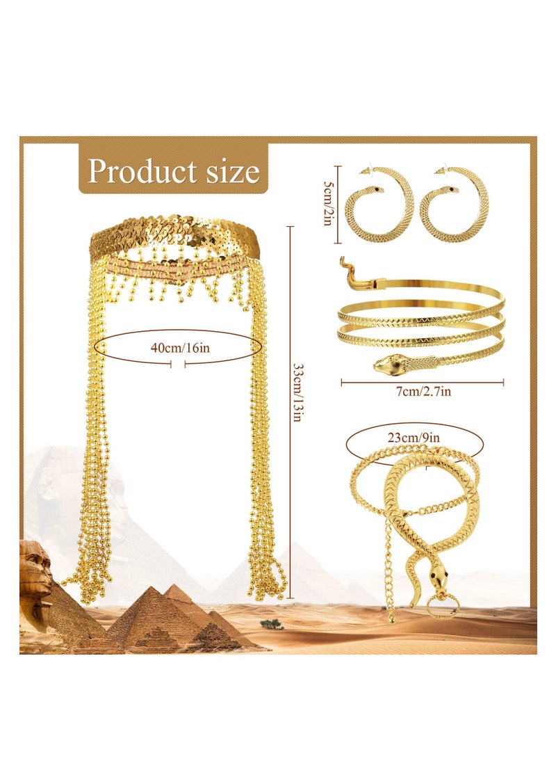 Excefore 6 Pieces Egyptian Headpiece Costume, Included Wigs Tassel Head Chain Snake Arm Cuff Golden Finger Ring Bracelet Collar Necklace, Suitable for Cosplay Party Women Costume  - Image 2