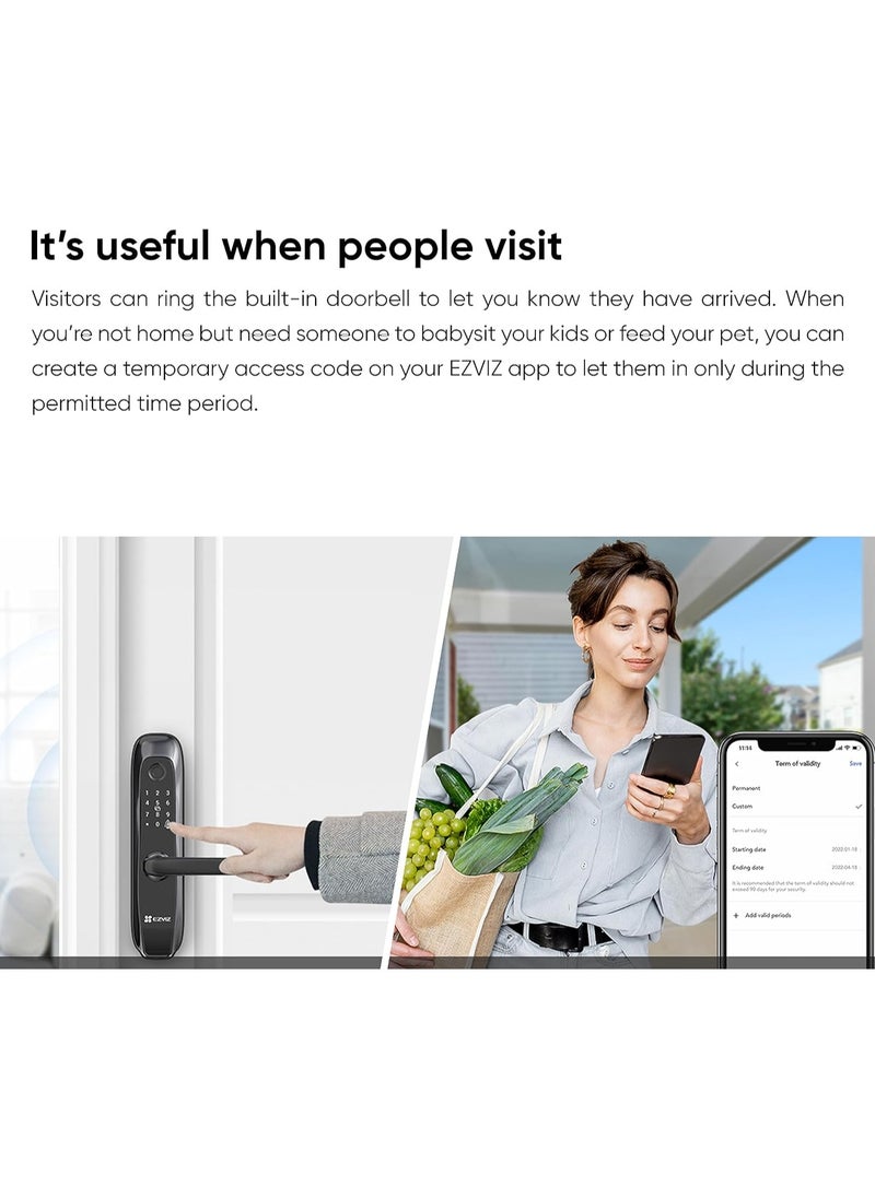 EZVIZ - EZVIZ L2S Smart Fingerprint Lock, Keyless Lock with Four Unlock Methods, Real-Time Mobile Alerts, Built-in Electronic Doorbell, Anti-Tamper Alarm, Low-Battery Warning, Easy User Management - Image 1