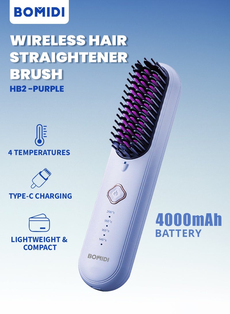 BOMIDI Wireless Hair Straightener Brush 4 Temperatures Adjustable 140-200℃ Portable Negative ion Hair Straightener Comb Type-C Charging 4000mAh Battery for Travel HB2-Purple - Image 1