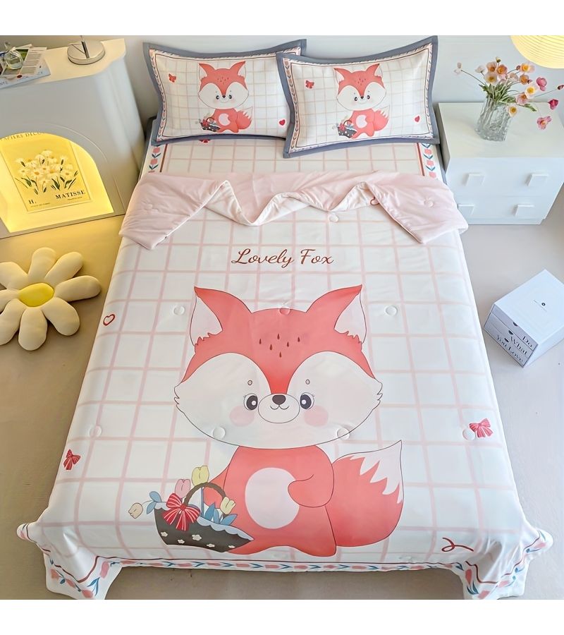 1 Animal Floral Print Cooling Quilt Summer Thin Quilt Ice Feeling Fabric Extra Soft Skin Friendly Comfortable High Quality Cartoon Style Fox Print Thin Quilt Suitable For Bedrooms And Guest Rooms Bringing You A Cool Sleep 78 74 X 90 55 Inches Lovely Fox - Image 2