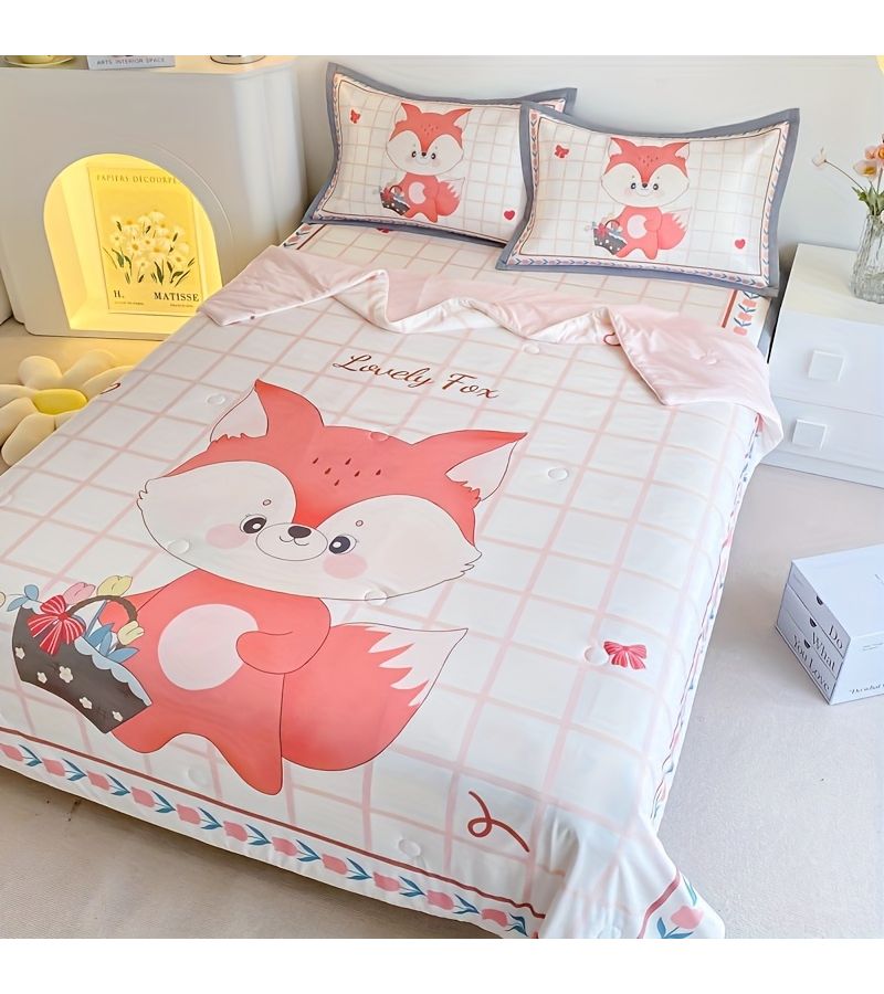 1 Animal Floral Print Cooling Quilt Summer Thin Quilt Ice Feeling Fabric Extra Soft Skin Friendly Comfortable High Quality Cartoon Style Fox Print Thin Quilt Suitable For Bedrooms And Guest Rooms Bringing You A Cool Sleep 78 74 X 90 55 Inches Lovely Fox - Image 4