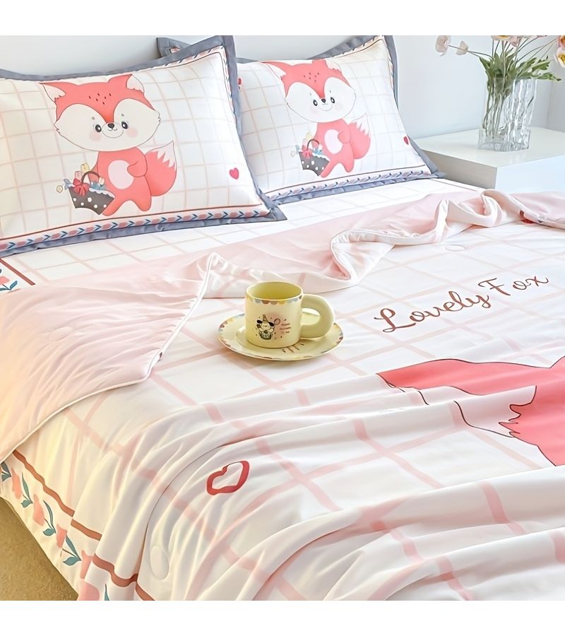 1 Animal Floral Print Cooling Quilt Summer Thin Quilt Ice Feeling Fabric Extra Soft Skin Friendly Comfortable High Quality Cartoon Style Fox Print Thin Quilt Suitable For Bedrooms And Guest Rooms Bringing You A Cool Sleep 78 74 X 90 55 Inches Lovely Fox - Image 5