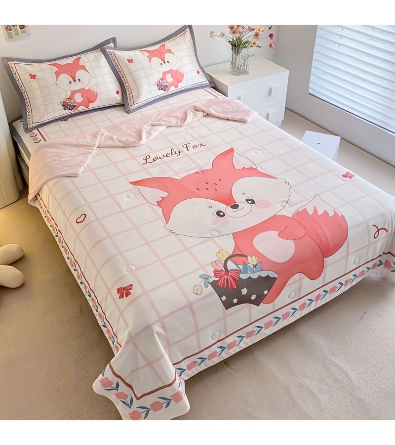 1 Animal Floral Print Cooling Quilt Summer Thin Quilt Ice Feeling Fabric Extra Soft Skin Friendly Comfortable High Quality Cartoon Style Fox Print Thin Quilt Suitable For Bedrooms And Guest Rooms Bringing You A Cool Sleep 78 74 X 90 55 Inches Lovely Fox - Image 1