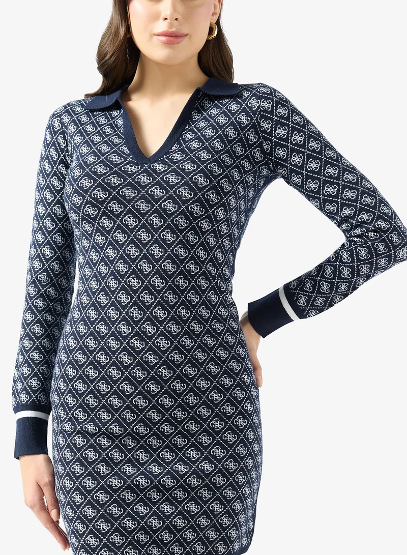 GUESS Long Sleeve Polo Sweater Midi Dress