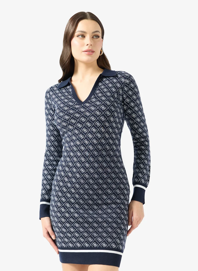 GUESS Long Sleeve Polo Aubrey 4G Sweater Midi Dress