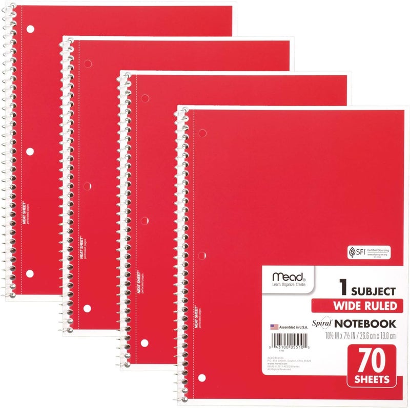 Mead Spiral Notebooks, 4 Pack, 1-Subject, Wide Ruled Paper, 10-1/2" x 7-1/2", 70 Sheets per Notebook, Red (38112) - Image 1