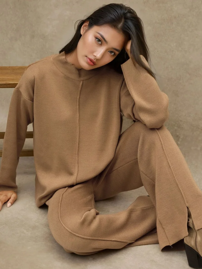 Hiccup Long Sweater & High Waist Wide Leg Knit Co-Ord Set