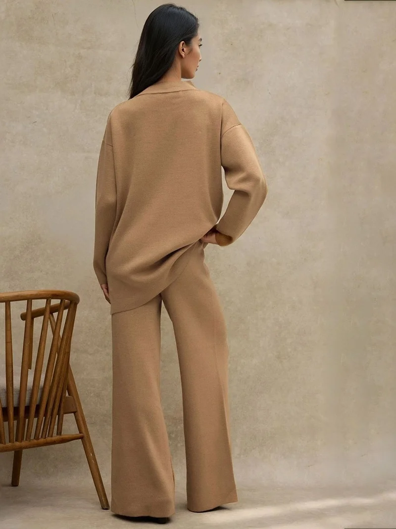 Hiccup Natural Long Sweater & High Waist Wide Leg Knit Co-Ord Set for Women | Best Price UAE