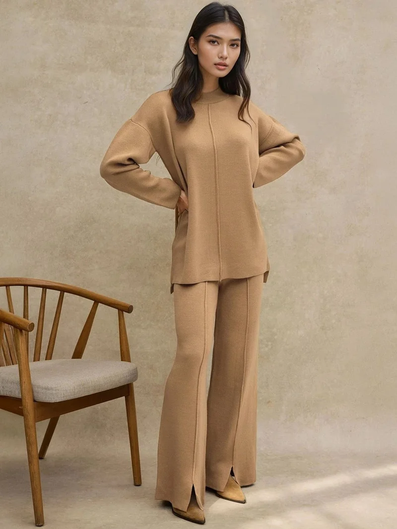 Hiccup Natural Long Sweater & High Waist Wide Leg Knit Co-Ord Set for Women | Best Price UAE