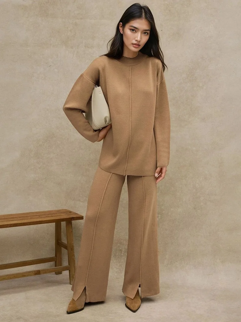 Hiccup Long Sweater & High Waist Wide Leg Knit Co-Ord Set