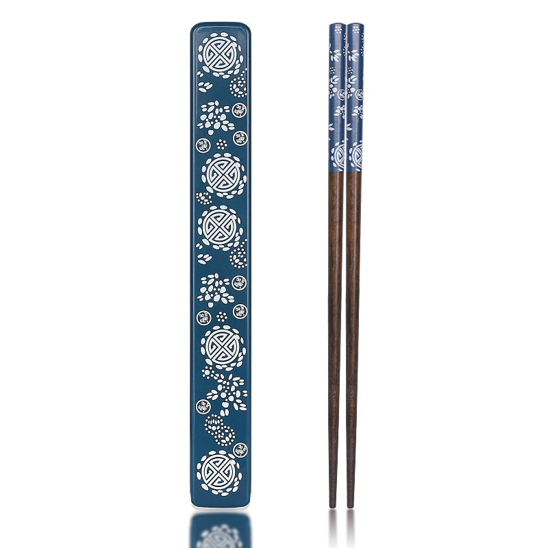 Chopsticks Reusable Japanese Natural Wood Chopsticks 1 Pair with Case Portable and Dishwasher Safe Blue
