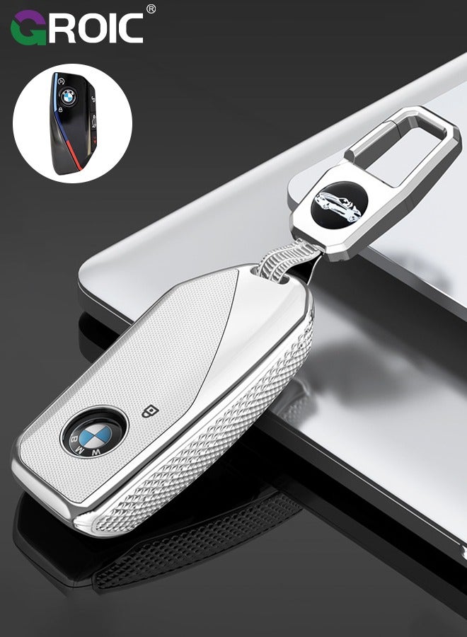 GROIC For BMW Key Fob Cover with Keychain, Car Key Shell Case for BMW 3 5 7 Series  X1 X3 X5 X7 IX XM U11735i 740Li 2023 2024, BMW Remote Smart Key PC Protector, Car Key Holder Key Cover (Silver) - Image 1