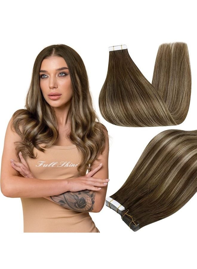 Full Shine Tape in Extensions Real Human Hair 14 Inch Double Sided Tape in Hair Extensions Medium Brown to Light Blonde Balayage Tape in Human Hair Extensions 20 Pcs 50 Gram Skin Weft Tape Extensions  - Image 1