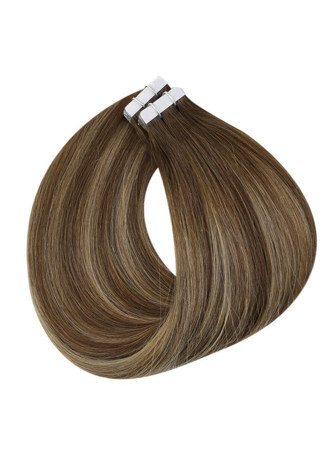 Full Shine Tape in Extensions Real Human Hair 14 Inch Double Sided Tape in Hair Extensions Medium Brown to Light Blonde Balayage Tape in Human Hair Extensions 20 Pcs 50 Gram Skin Weft Tape Extensions  - Image 2