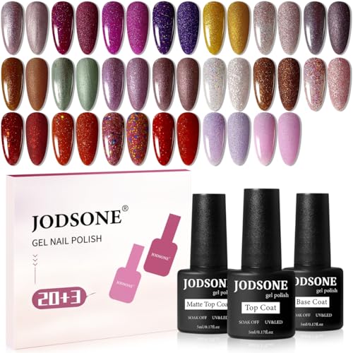 JODSONE 23 Bottles of Glitter Colorful and Elegant Gel Polish kit with 3 Bottles of Matte and Glossy Top Coat Base Coat Gel Nail Set - Image 1