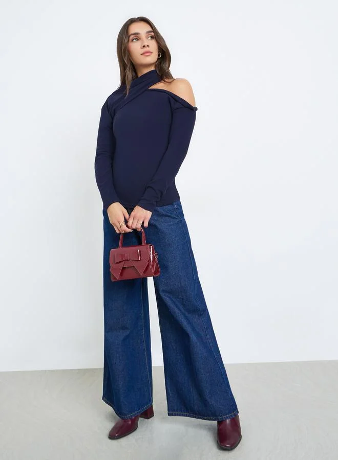 Styli Women Navy Blue One Shoulder Knit Top