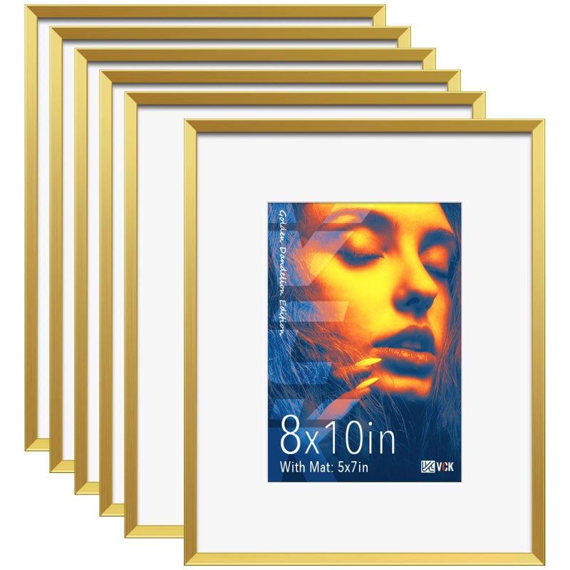 VCK 8x10 Aluminum Picture Frames Gold with Mat for 5x7 Photo or 8x10 without Mat  Set of 6 Metal Photo Frames with Real Tempered Glass High Definition  Wall or Tabletop Display