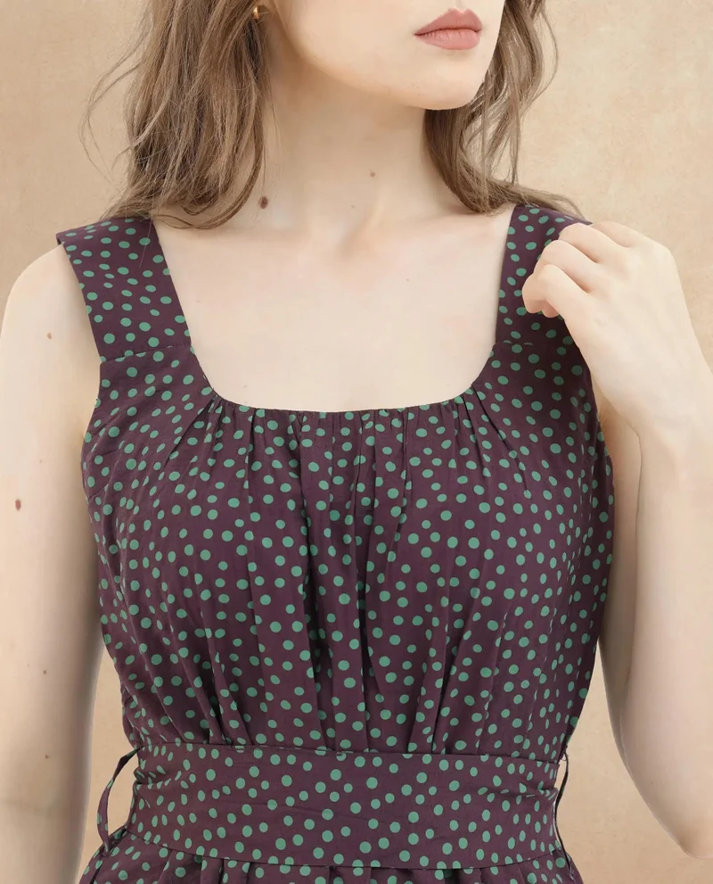 Rareism Rareism Women's Eula Brown Viscose Fabric Shoulder Straps  Sleeveless Polka Flared Midi Dress