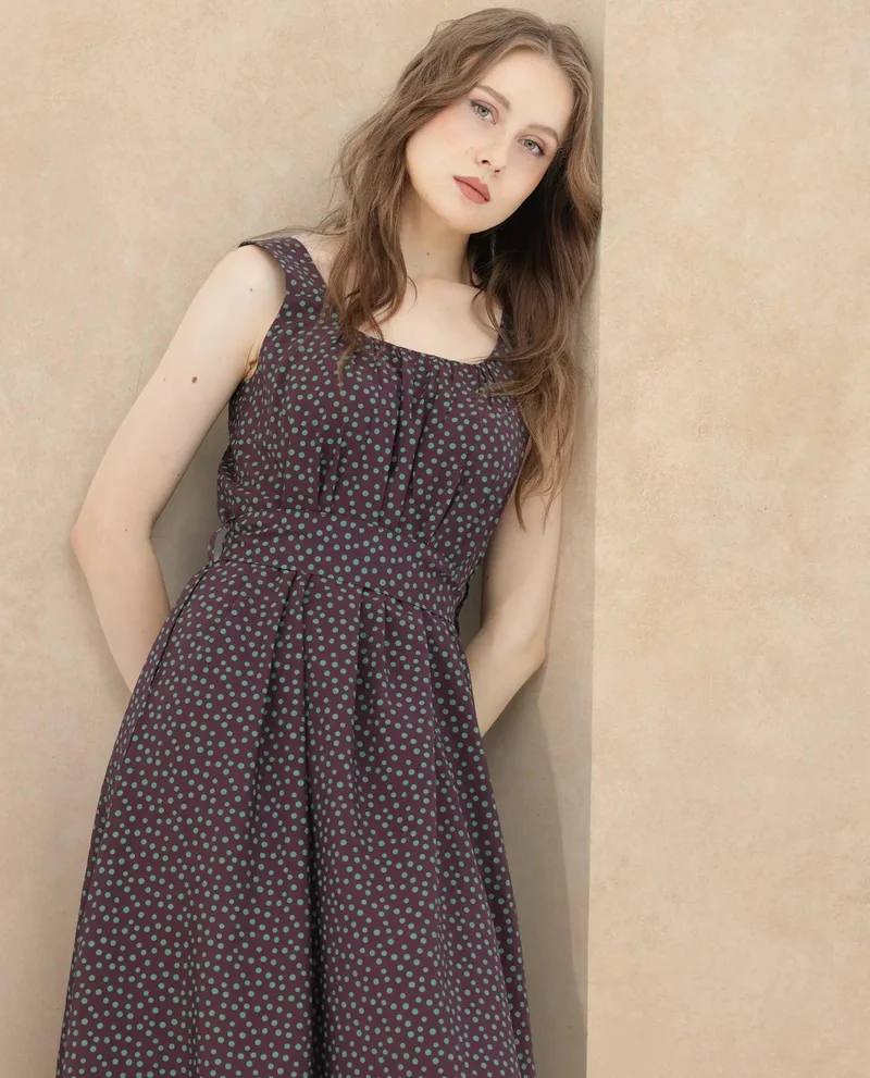 Rareism Rareism Women's Eula Brown Viscose Fabric Shoulder Straps  Sleeveless Polka Flared Midi Dress