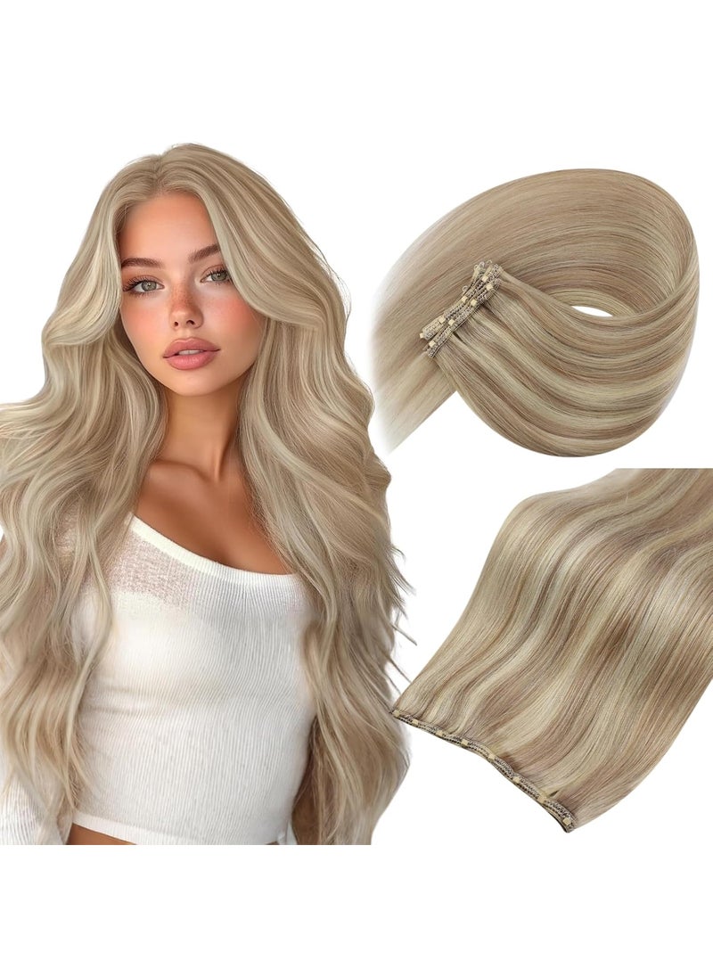 Sunny Hair - Sunny Hair Beaded Weft Hair Extensions Human Hair 50G Micro Bead Weft Hair Extensions Real Human Hair Straight Weft Hair Extensions and Micro Beads Easy Weft Warm Ash Blonde and Bleach Blonde 18 inch - Image 1