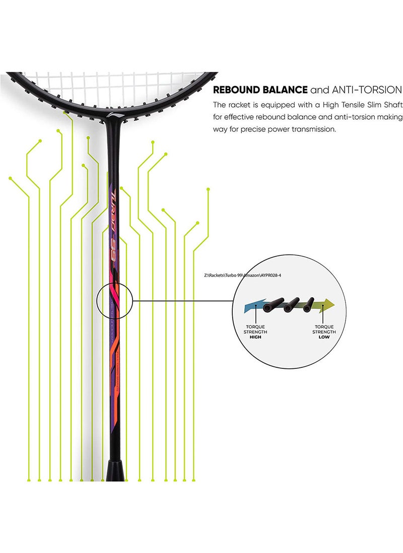 Turbo 99 Carbon Fibre Strung Badminton Racket with Full Racket Cover | For Intermediate Players | 84 grams | Maximum String Tension - 30lbs