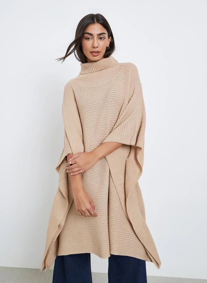 Styli Beige Oversized Chunky Knit Cape Sweater