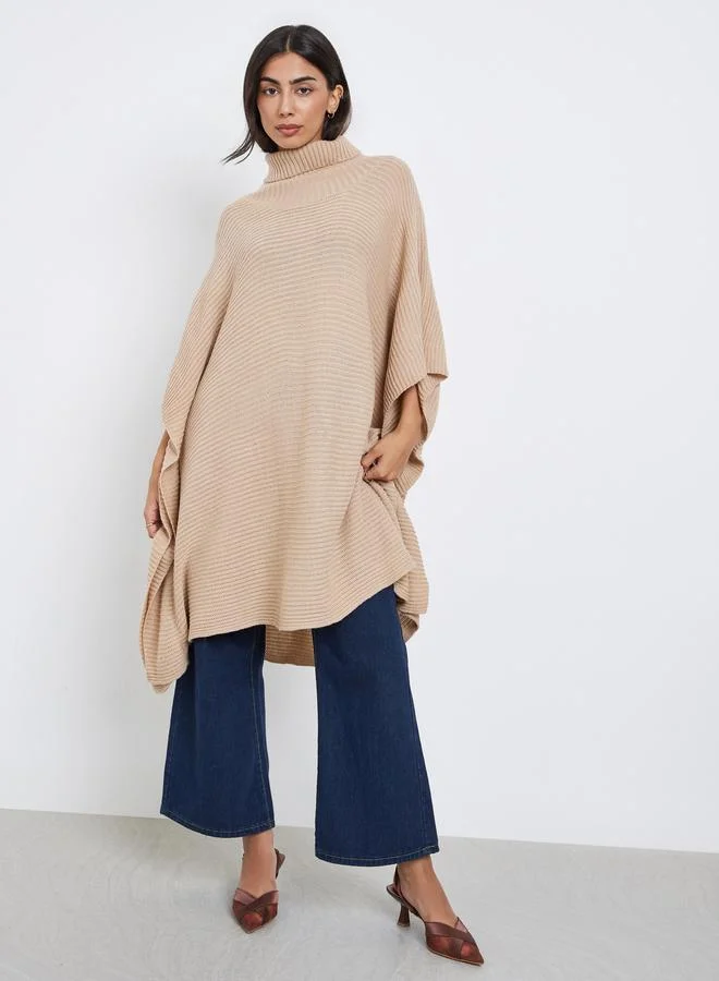 Styli Beige Oversized Chunky Knit Cape Sweater