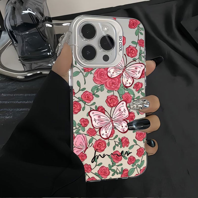 Apple iPhone 16 Pro phone case, TPU shockproof, creatively painted rose and butterfly anti-drop phone case.