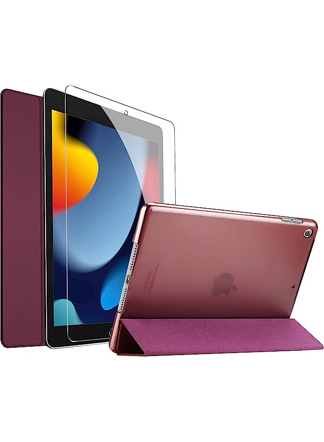 IAF Ipad 10.2 Case 2021 9Th Gen/ 2020 8Th Gen/ 2019 7Th Gen Case With Tempered Glass Screen Protector, Slim Stand Hard Shell Protective Smart Cover For 10.2” Ipad 9Th/8Th/7Th Generation -Wine
