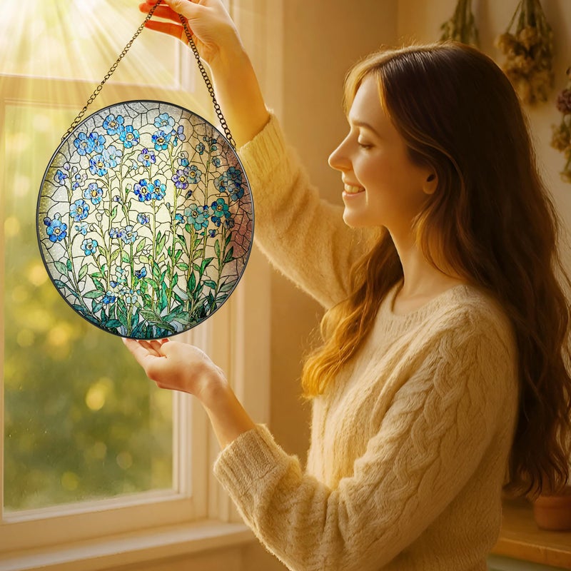 LAOWEIKI 8 Inch Stained Glass Window Hanging, Forget Me Not Flower Stained Glass Suncatcher, Window Decor, Plant Lover Gift for Women, Forget Me Not Gifts for Couples, Best Friend, Family, Colleague, Classmate - Image 2