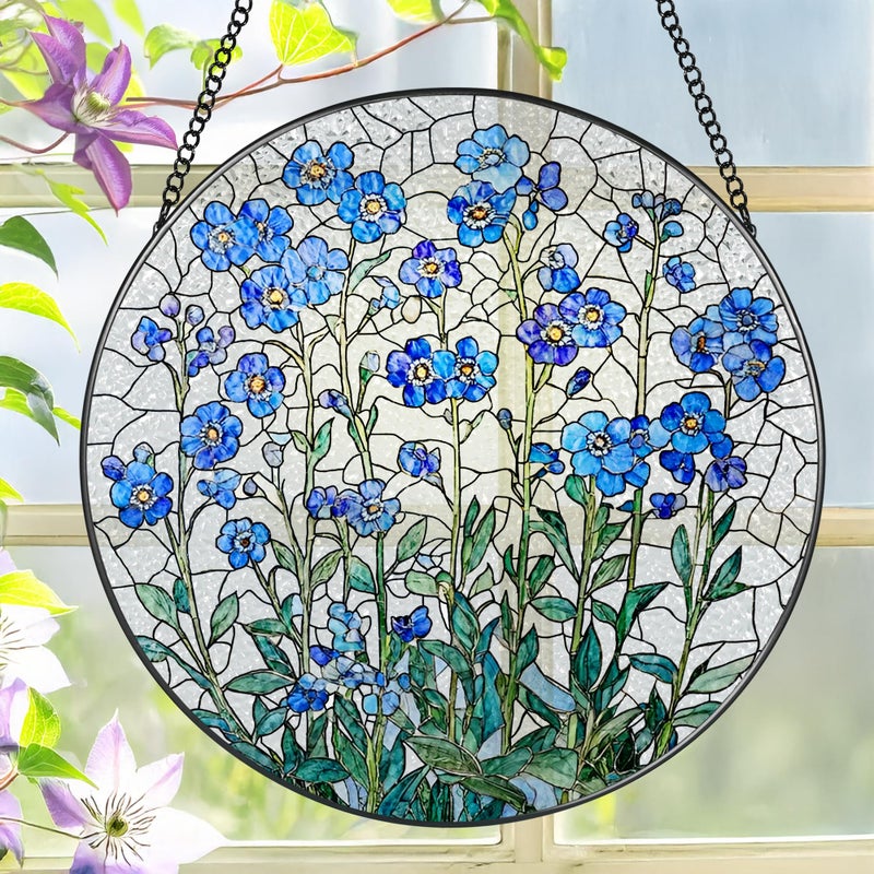 LAOWEIKI 8 Inch Stained Glass Window Hanging, Forget Me Not Flower Stained Glass Suncatcher, Window Decor, Plant Lover Gift for Women, Forget Me Not Gifts for Couples, Best Friend, Family, Colleague, Classmate - Image 1