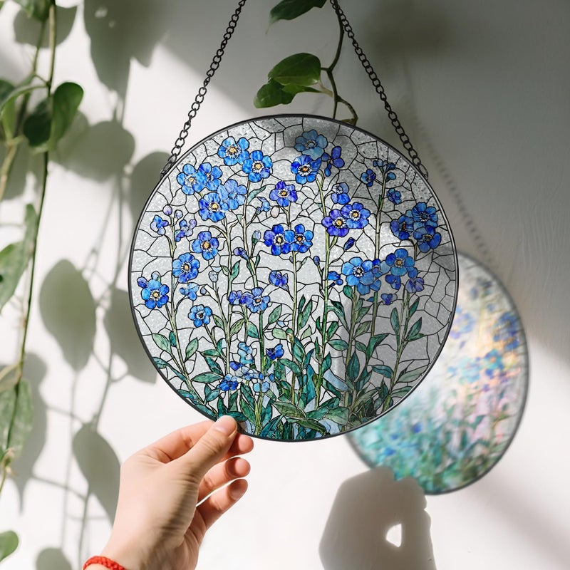 LAOWEIKI 8 Inch Stained Glass Window Hanging, Forget Me Not Flower Stained Glass Suncatcher, Window Decor, Plant Lover Gift for Women, Forget Me Not Gifts for Couples, Best Friend, Family, Colleague, Classmate - Image 3