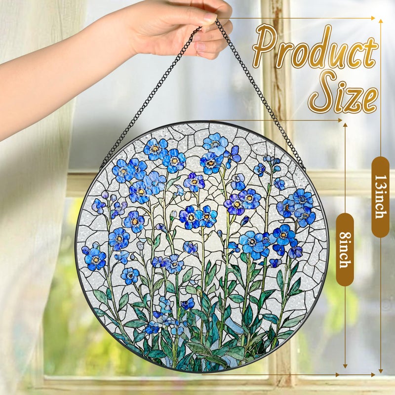 LAOWEIKI 8 Inch Stained Glass Window Hanging, Forget Me Not Flower Stained Glass Suncatcher, Window Decor, Plant Lover Gift for Women, Forget Me Not Gifts for Couples, Best Friend, Family, Colleague, Classmate - Image 4