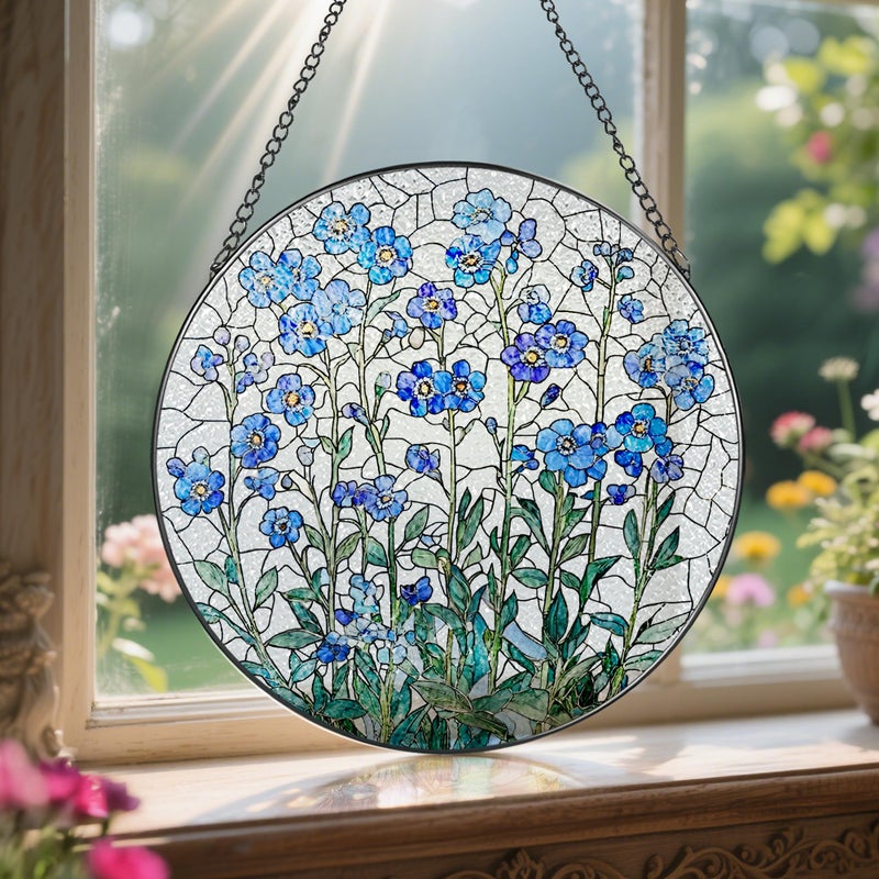 LAOWEIKI 8 Inch Stained Glass Window Hanging, Forget Me Not Flower Stained Glass Suncatcher, Window Decor, Plant Lover Gift for Women, Forget Me Not Gifts for Couples, Best Friend, Family, Colleague, Classmate - Image 5