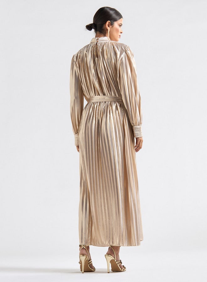 سبلاش فيڤ فستان إيه لاين بياقة عالية وأكمام طويلة وكسرات وحزام رباط - Image 3