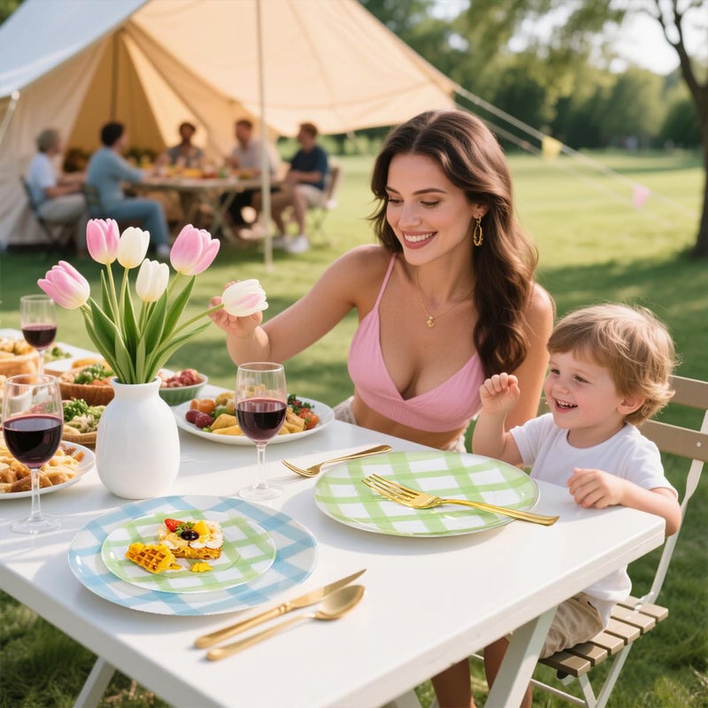Liacere 32PCS Colorful Lattice Plastic Plates - Pink Lattice Green Plastic Plates Purple Blue 4 Colors Disposable Tableware Easter Party Wedding Spring Holiday Supplies&Mother's Day - Image 2