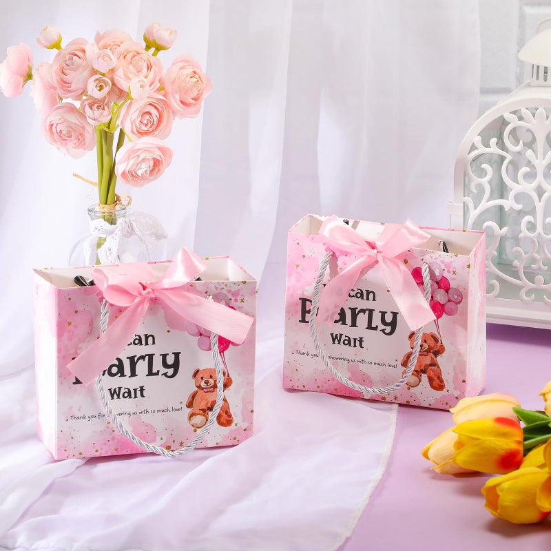 Spakon 25 Pack Bear Baby Shower Favor Gift Bags Decorations We Can Bearly Wait Baby Shower Goodie Bags with Handles and Ribbons Gender Reveal Party Favor for Guests Return Gifts(Pink) - Image 3
