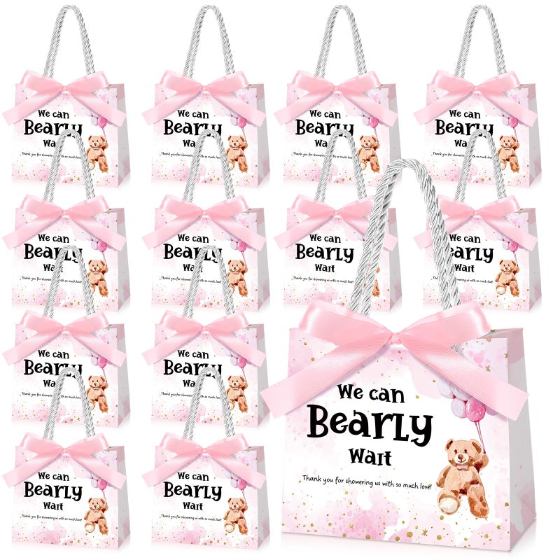 Spakon 25 Pack Bear Baby Shower Favor Gift Bags Decorations We Can Bearly Wait Baby Shower Goodie Bags with Handles and Ribbons Gender Reveal Party Favor for Guests Return Gifts(Pink) - Image 1
