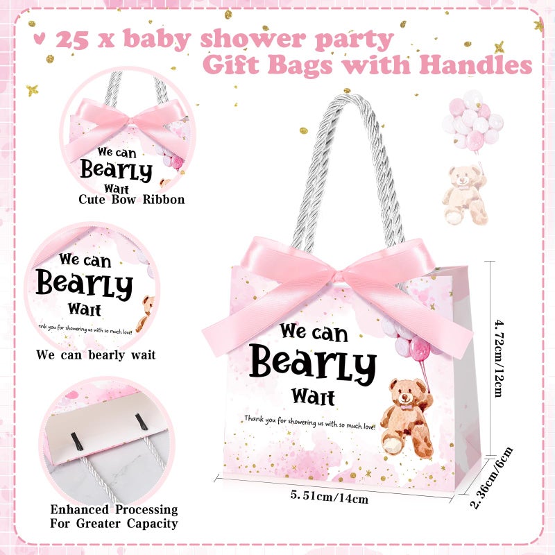 Spakon 25 Pack Bear Baby Shower Favor Gift Bags Decorations We Can Bearly Wait Baby Shower Goodie Bags with Handles and Ribbons Gender Reveal Party Favor for Guests Return Gifts(Pink) - Image 2