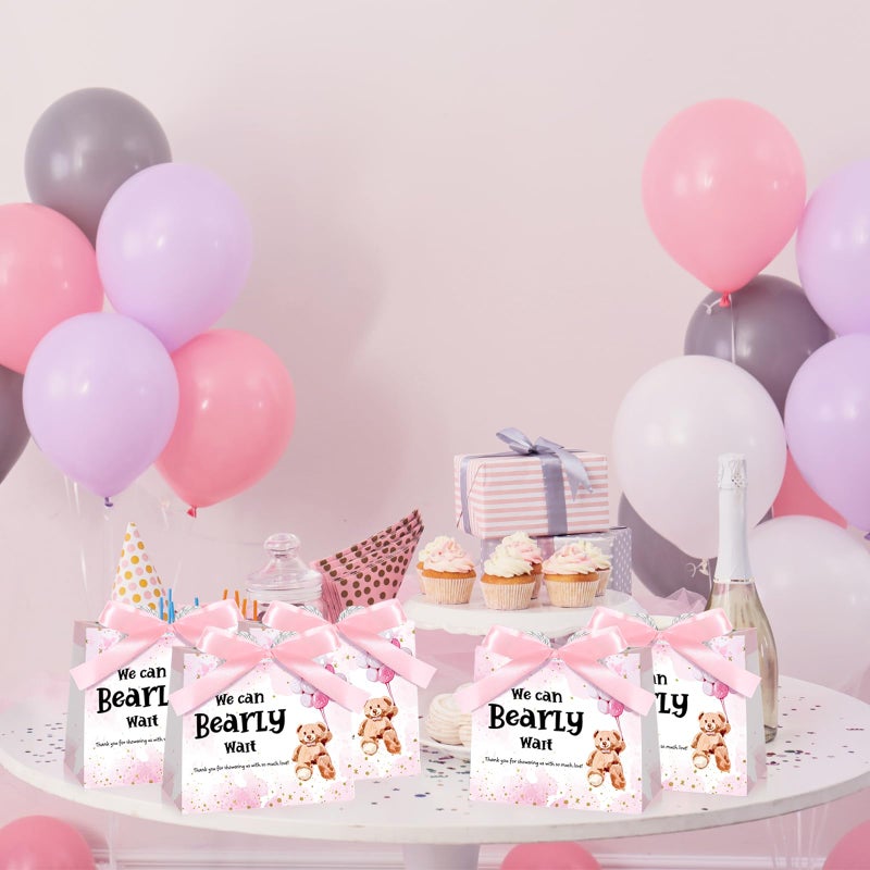 Spakon 25 Pack Bear Baby Shower Favor Gift Bags Decorations We Can Bearly Wait Baby Shower Goodie Bags with Handles and Ribbons Gender Reveal Party Favor for Guests Return Gifts(Pink) - Image 5