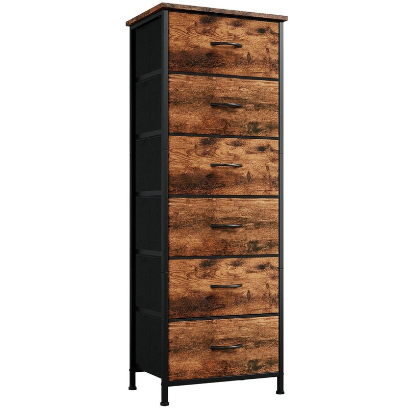 Somdot Tall Dresser for Bedroom with 6 Drawers and Side Pockets Storage Organizer Chest of Drawers with Fabric Bins for Closet Bedside Nursery Living Room Entryway Hallway Wood Grain Print