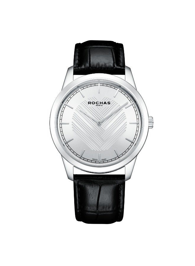 Rochas Men's 42 mm Silver Dial and Black Genuine Leather Strap Watch  - RWM202B
